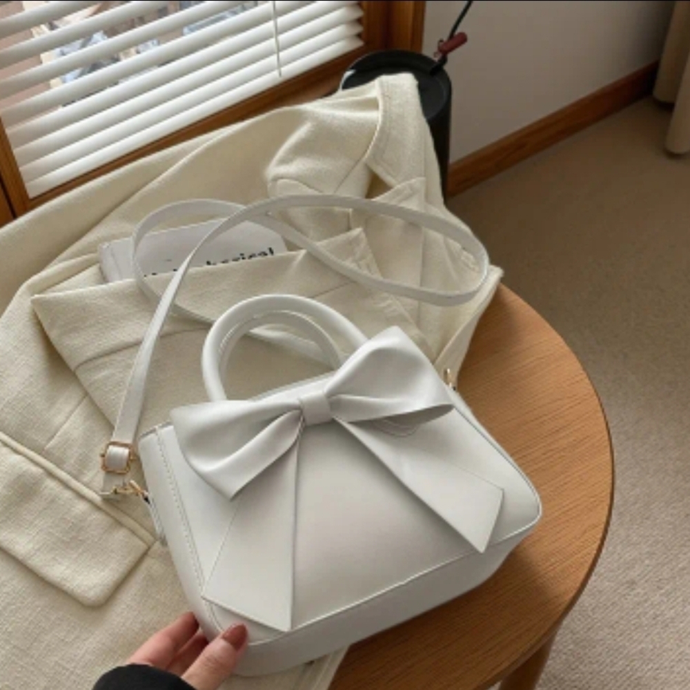 White Bow Mini Top-Handle Bag with Detachable Strap - New